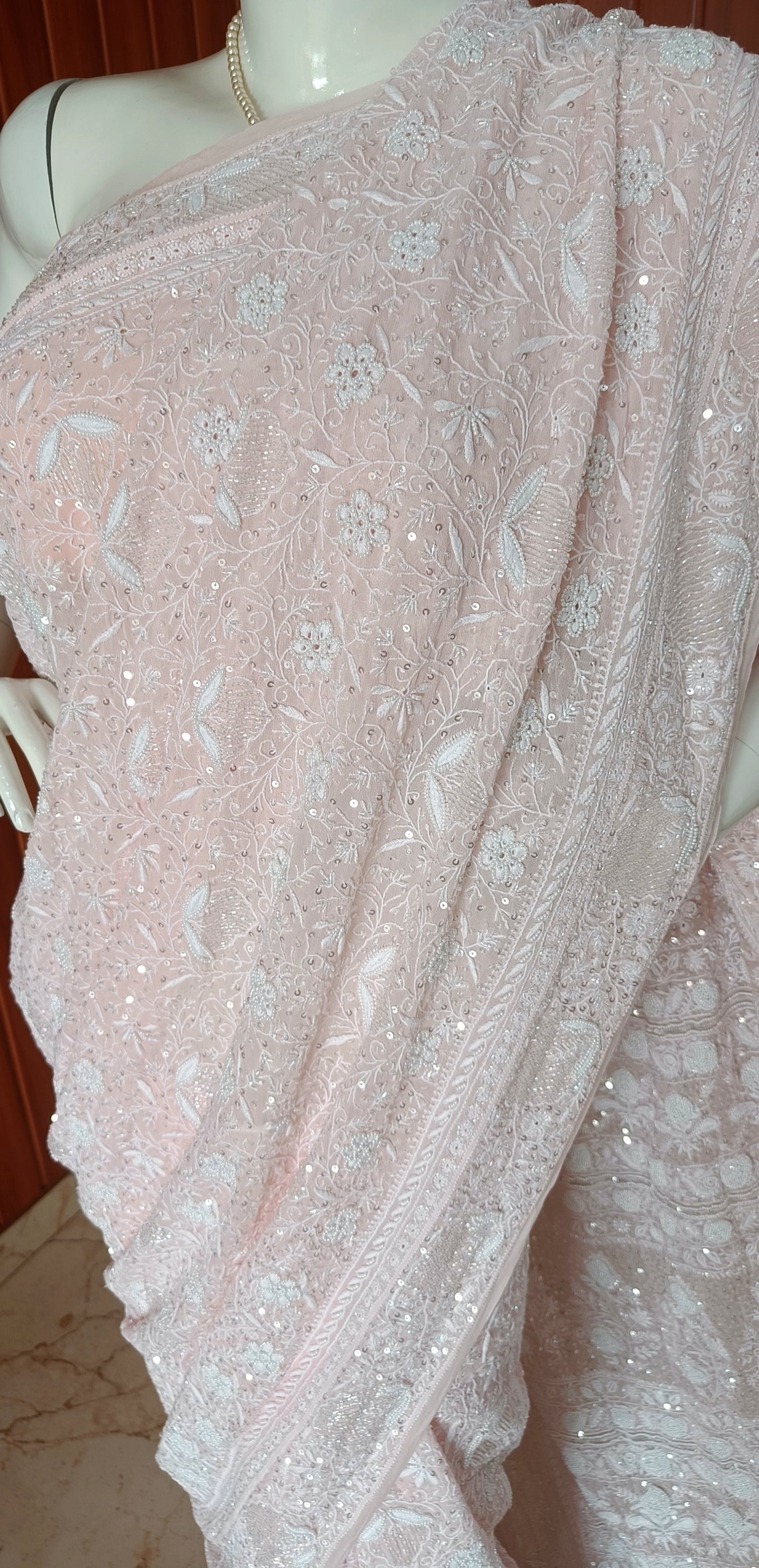 Ruhani Soft Peach 2 and 3 taar Chikankari Masterpiece Saree